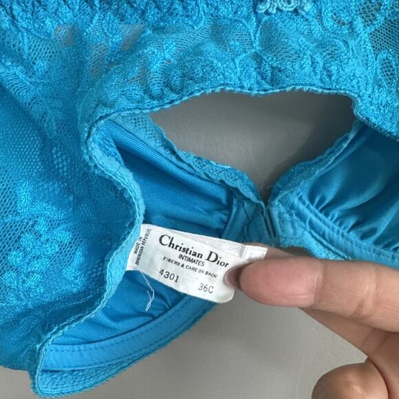 Vintage Christian Dior Intimates 36C Underwire Bra Satin Lace Blue Pearl - Picture 5 of 6